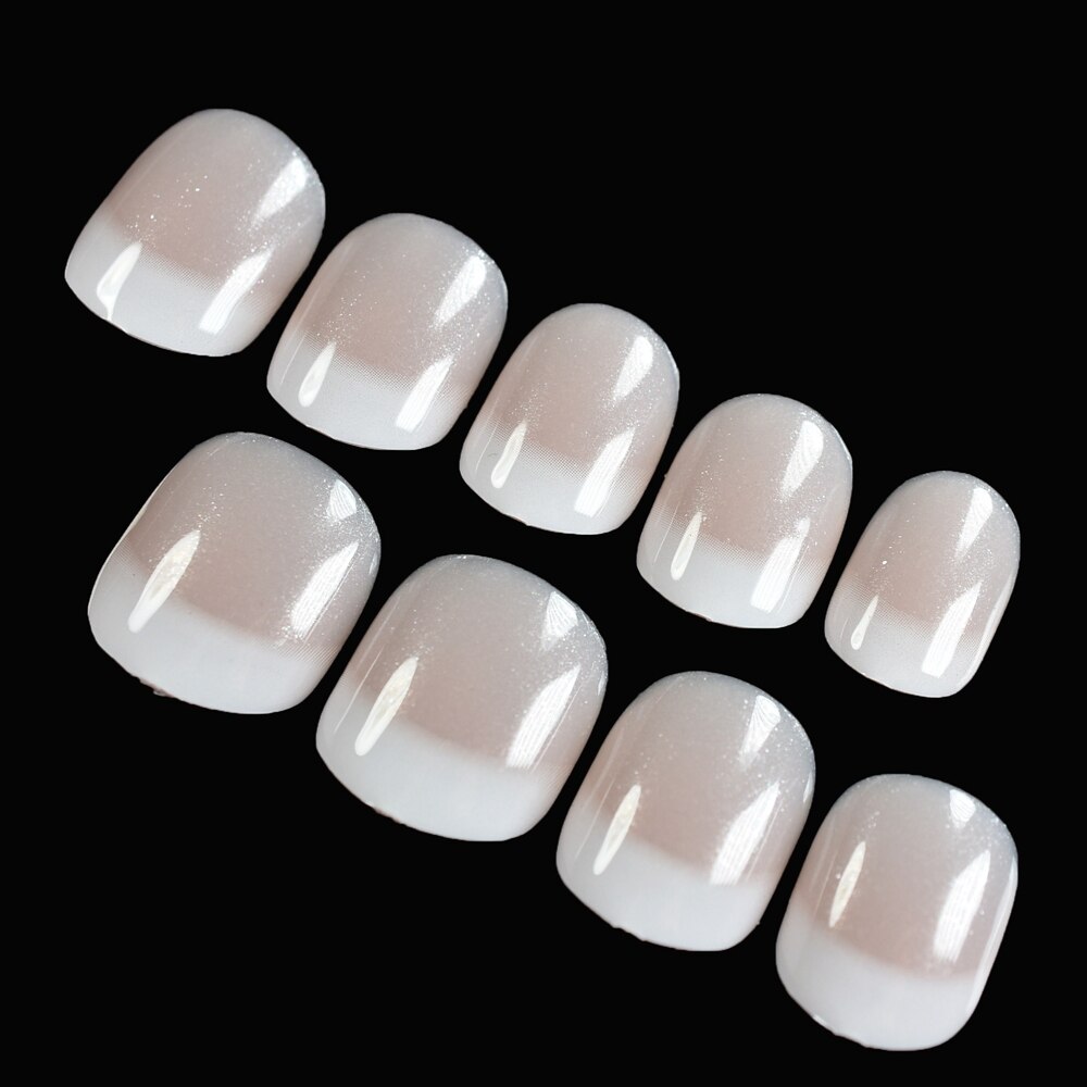 Ronde Natuurlijke Valse Nagels Glitter Naakt Gradiënt Witte Franse Nail Extra Korte Size Manicure Tips 24pcs