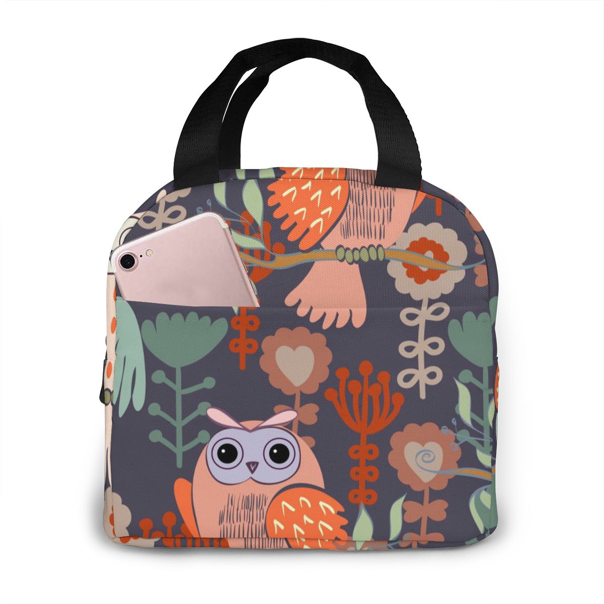 Nette Bunte Eulen Kühltasche Tragbare Reißverschluss Thermische Mittagessen Tasche Bequem Mittagessen Kasten Tote Lebensmittel Tasche: schwarz 3