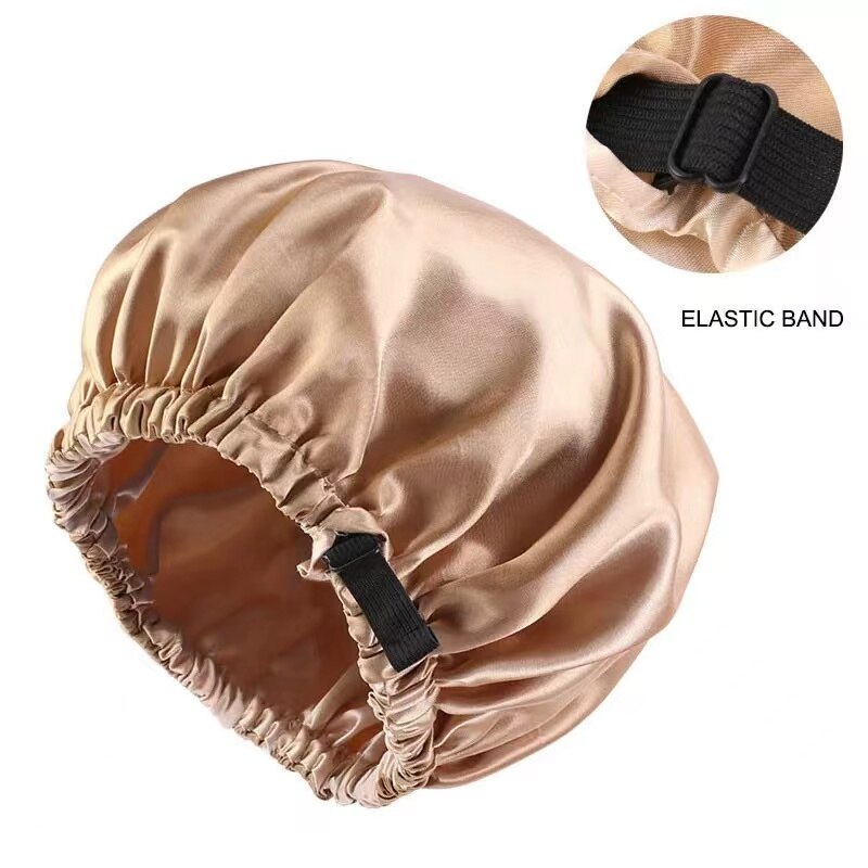 Satin Nightcap Invisible Flat Adjustment Buckle Simulated Silk Double Round Cap Shower Cap Beauty Salon Hat.: Khaki