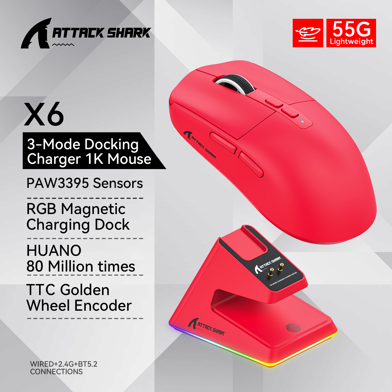 Attack Shark X6 PAW3395 Bluetooth Mouse,Tri-Mode Connection,RGB Touch Magnetic Charging Base,Macro Gaming Mouse: Red