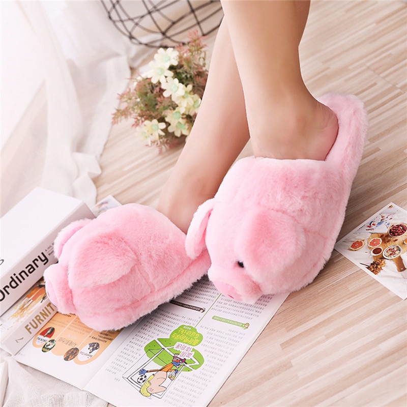 Winter Frauen Warme Hausschuhe Schwein Hause Schuhe Frau Innen Flache Damen Bequeme Schuhe Weibliche Pelzigen Mädchen Nette Rosa Tropfen