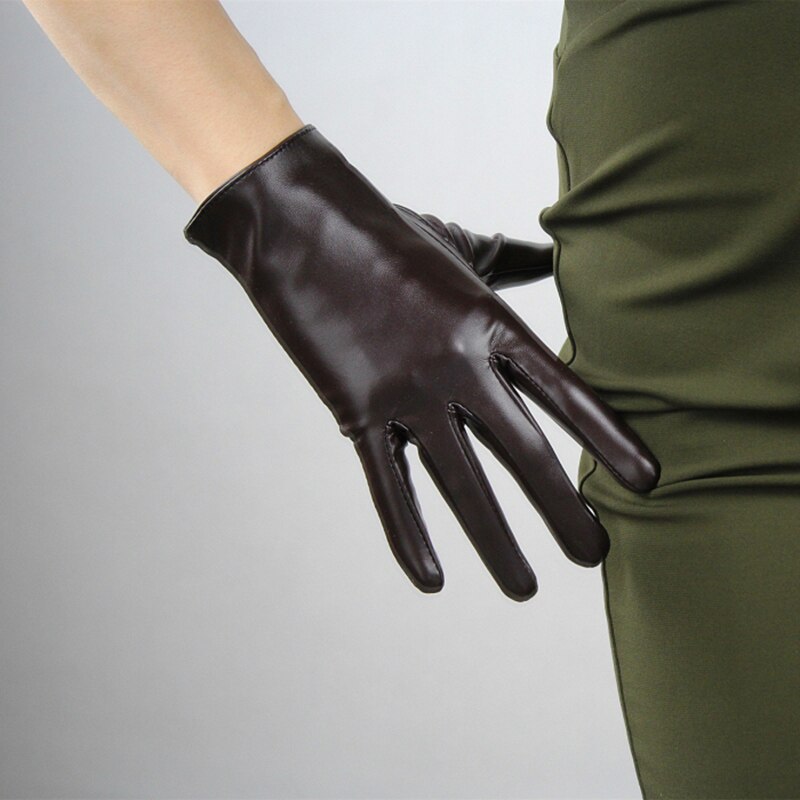 Handschuhe Frauen Kurze Simulation Leder PU21cm Ungefüttert Dunkelbraun Kaffee Farbe TB35