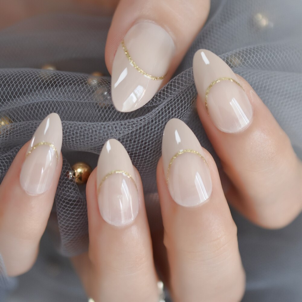 Faux ongles style français, , Beige, naturel, mi-stiletto, or, ligne de sourire, pointes de manucure conçues