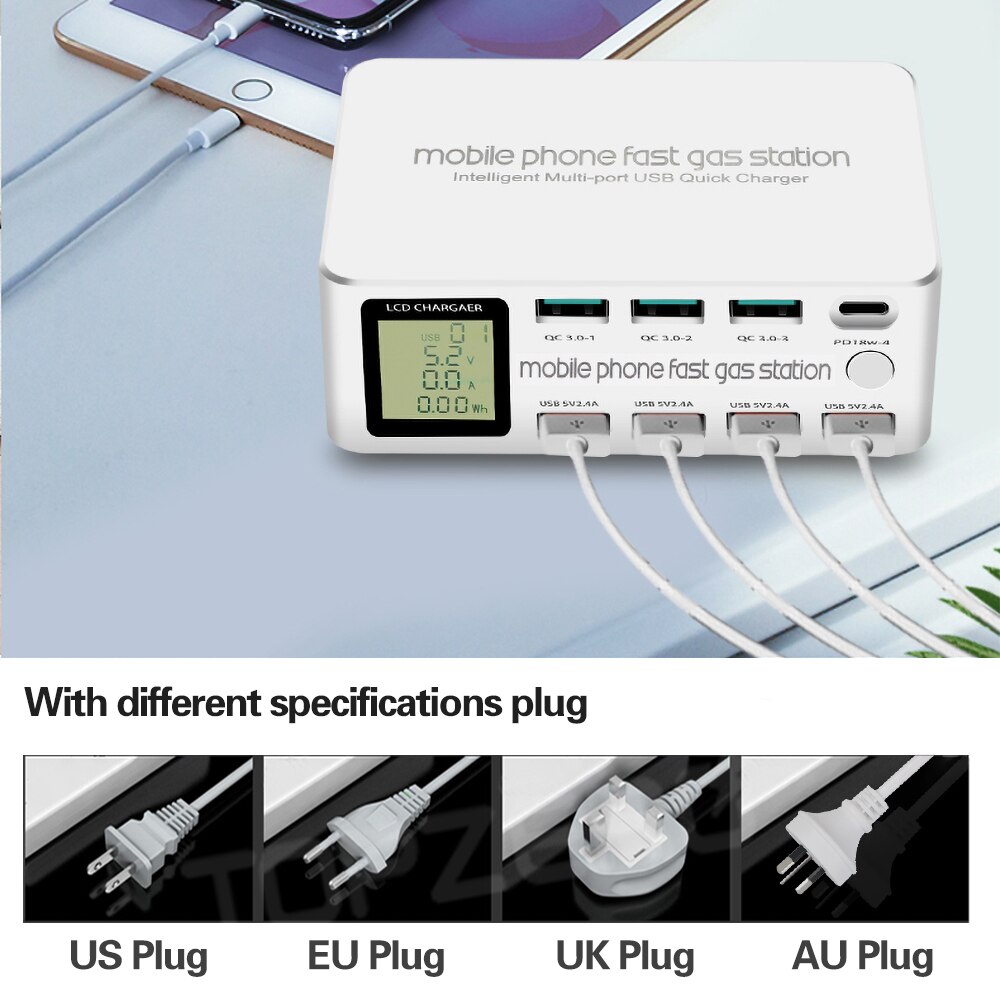 8 Port inteligentna ładowarka USB 100W szybkie ładowanie 3.0 PD 3.0 szybkie ładowanie adapter LCD wielu stacja ładująca USB dla iPhone X XS Samsung