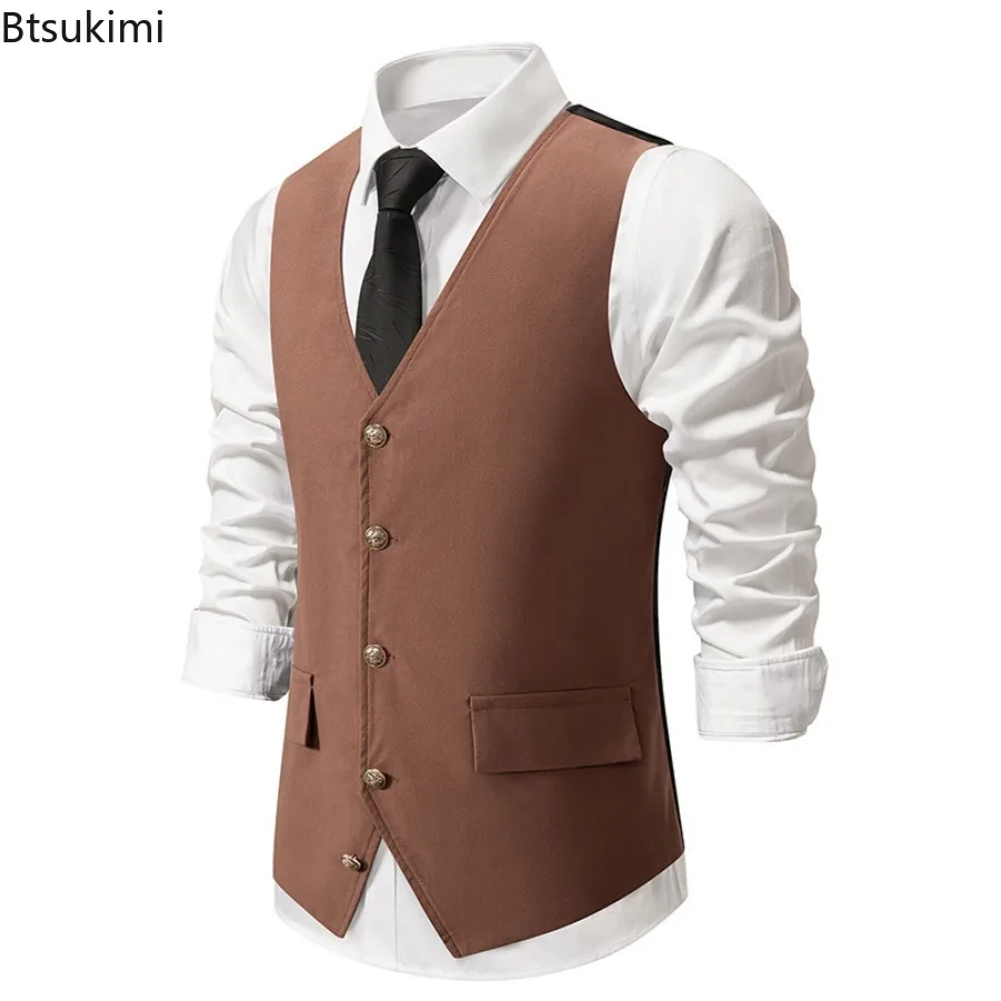Men's Medieval Retro Suit Vest Formal Dress Vest Men Casual Solid Sleeveless V-neck Jacket Wedding Party Waistcoat