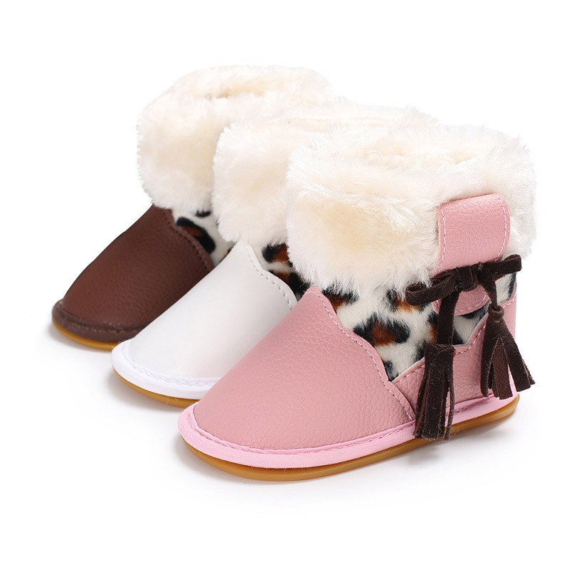 Luipaard Baby Snowboots Pu Leer Dikke Warme Pasgeboren Meisje Winter Schoenen Cartoon Pluche Bows Non Slip Baby Peuter Eerste wandelaars