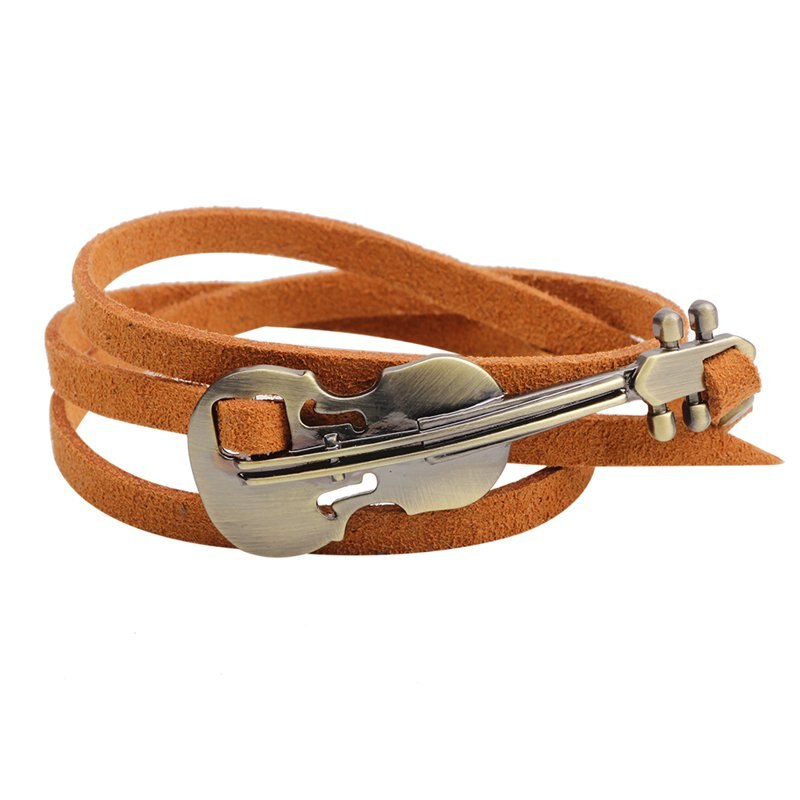 Unique Female Wrap Brown Leather Bracelets Diy Violin Alloy Long Sporty Charm Men Women Bracelets Jewelry: Brown