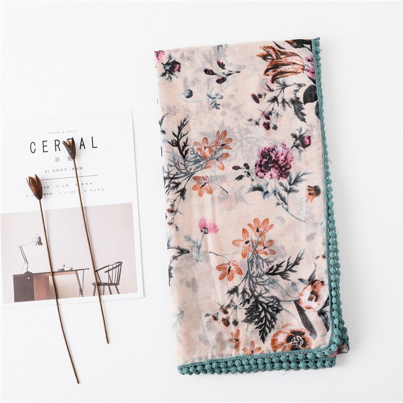 Sparsil-foulard en coton et lin femme | Longue écharpe, imprimé floral, court gland doux, enveloppes d'été, Protection solaire, échalotes de plage: 1Camel Flower