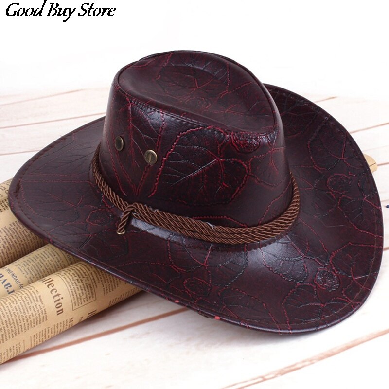 Leather Western Cowboy Hat Gentleman Wide Brim Retro Sun Hats Summer Beach Breathable Travel Chapeu Sombrero Jazz knight Caps