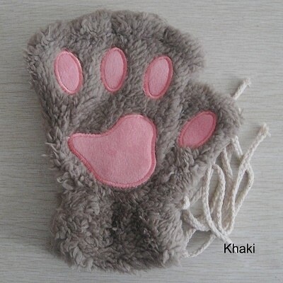Kvinnor vinter varm katt-pad katt tasshandskar fingerlösa fluffig björn katt plysch tass tjejer cosplay handskar 1 par: Kaki