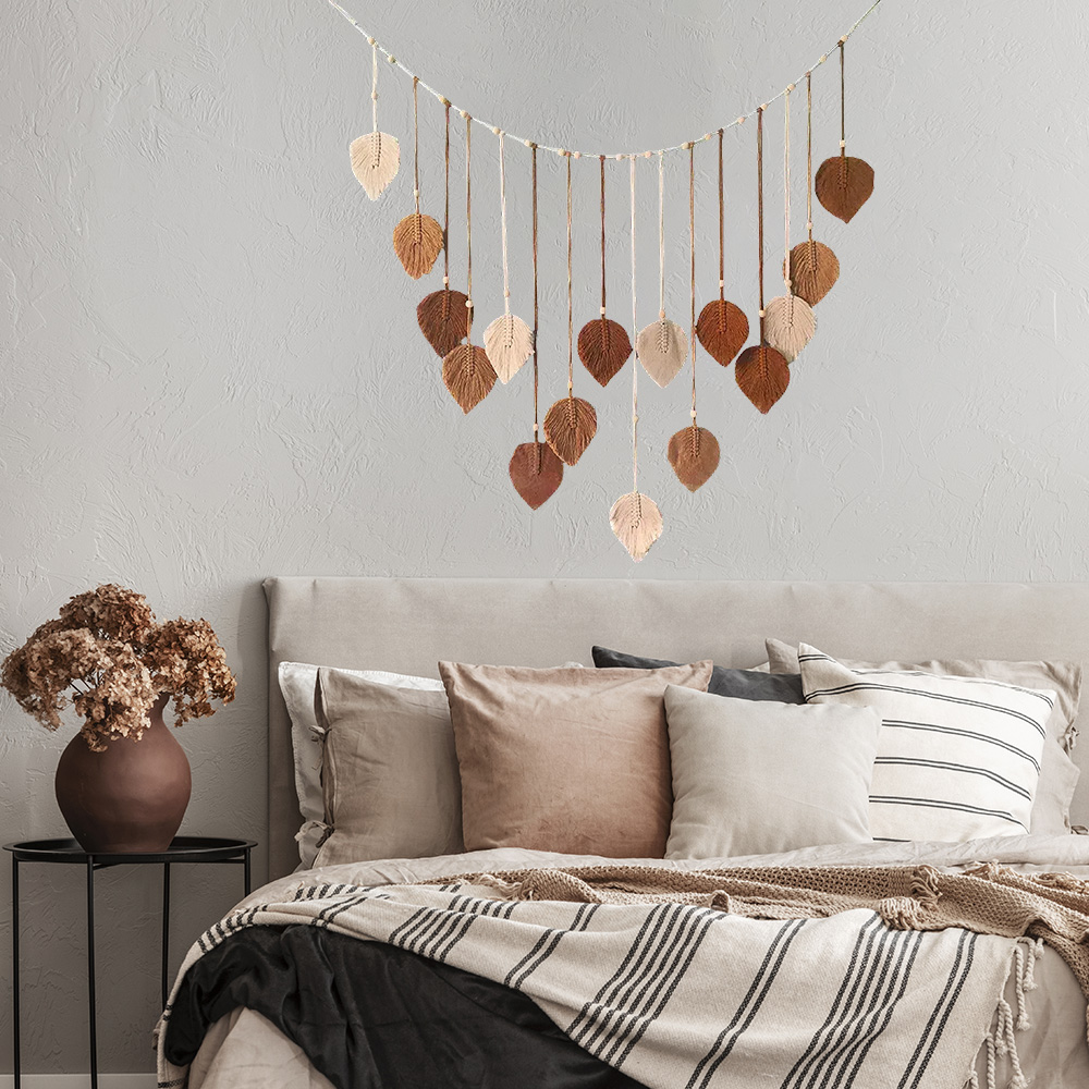 Boho Home Decoration, Macrame Tapestry Macrame Leaf Feather Muur Hangende Decor voor Woonkamer Slaapkamer, Boho Wall Art Home Decor