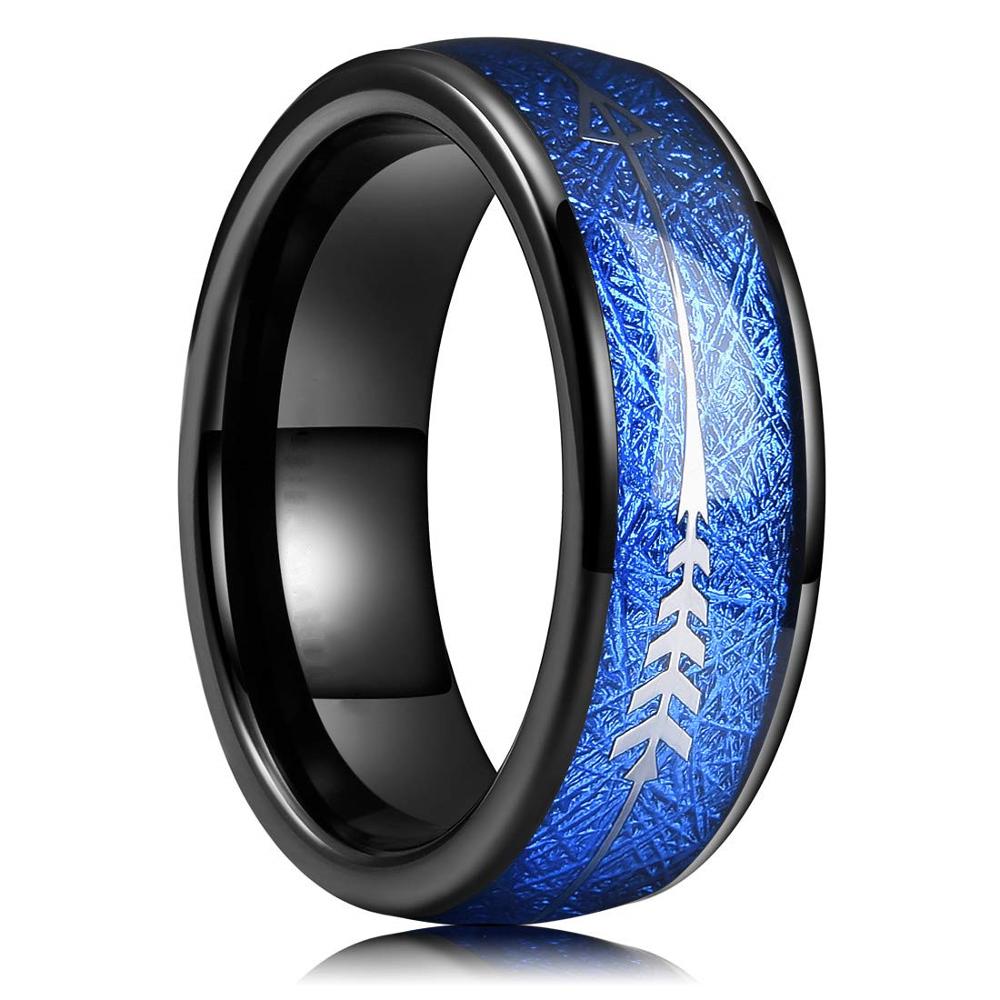 FDLK 8mm Black Tungsten Carbide Stainless Steel Ring Inlay Meteorite Arrow Wedding Band Men's Jewelry