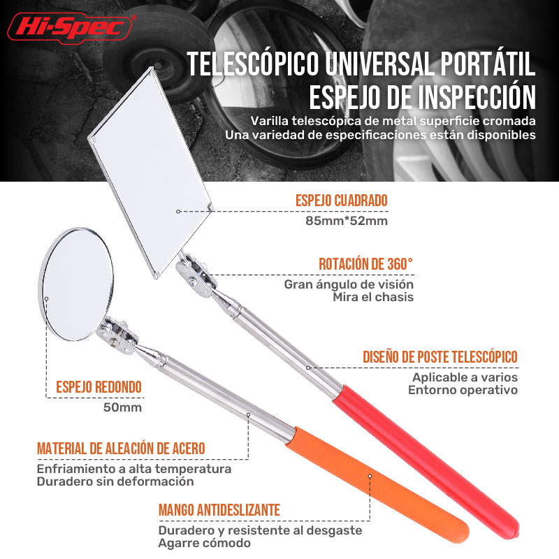 Espejo giratorio cuadrado/redondo, herramienta de detección de acero inoxidable, extensible, inspección, Ángulo telescópico, 1 ud.