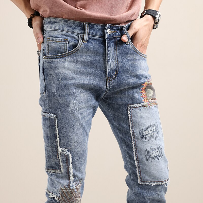 Embroidered Camouflage Patch Jeans Men Splicing Streetwear Male Wear Ripped Hole Skinny Jeans Denim Trousers