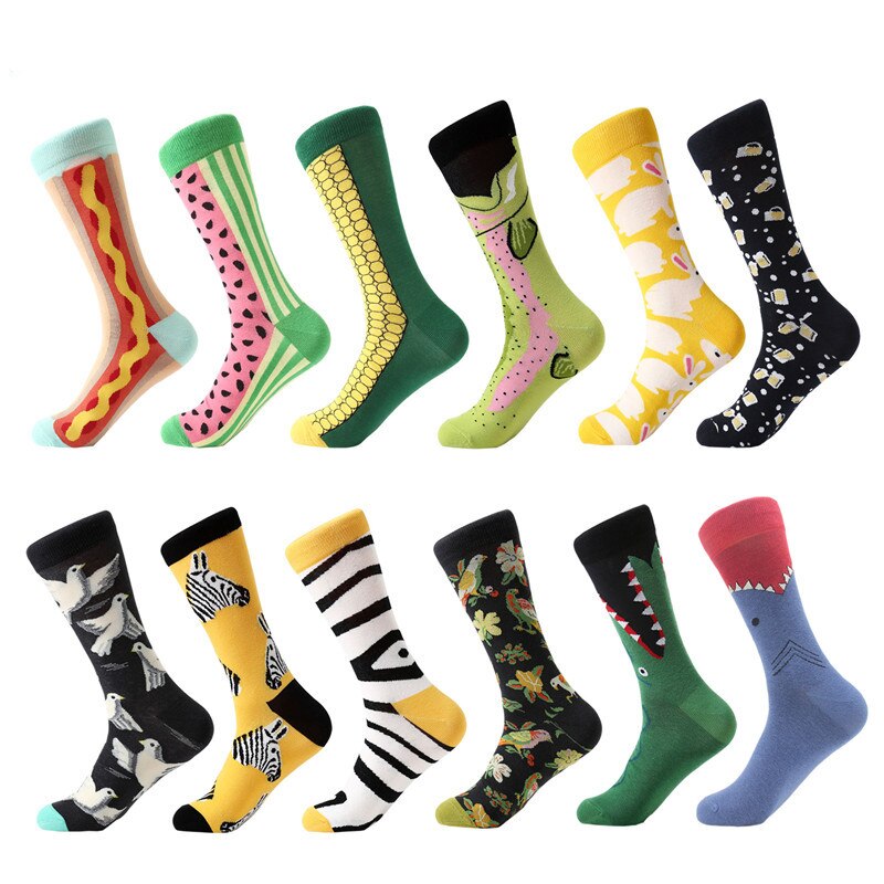 MYORED 12 par/lote calcetines informales para hombre a cuadros coloridos dibujos animados de frutas animales lunares rayas feliz de negocios calcetas de algodón de vestir Hombre: T007