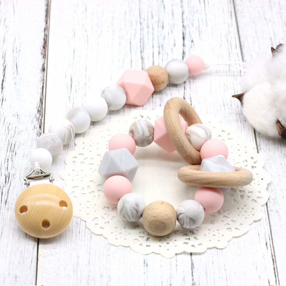Bebé broches para chupete de silicona y madera de haya bebé chupete Clips de madera clip para chupete recién nacido juguete: Pink