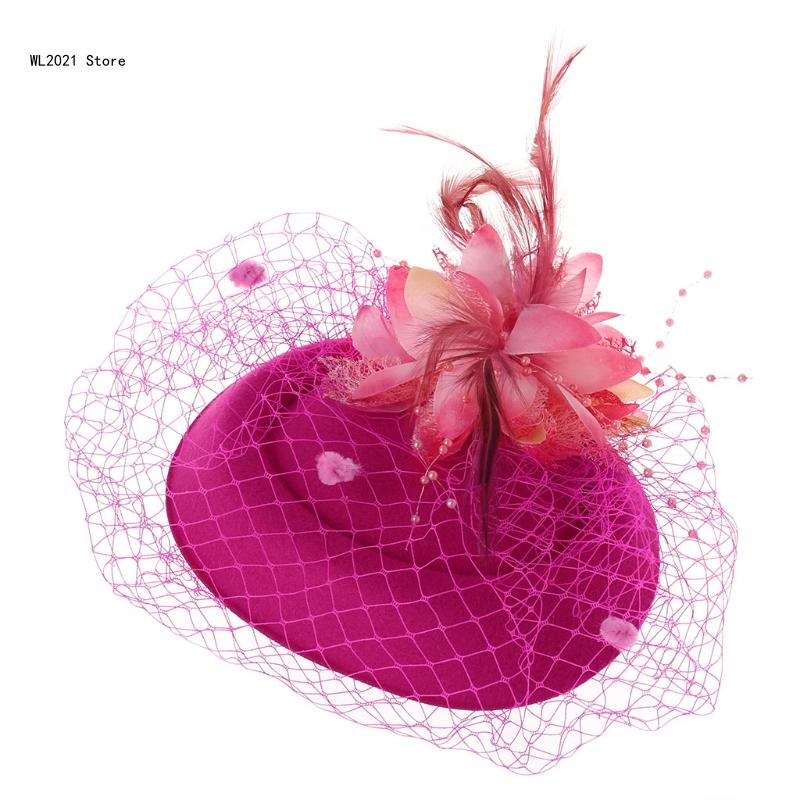 Fascinator-Hüte, einfarbig, pelzige Pillbox-Hut, Party-Kopfbedeckung, Mütze mit Schleier für Mädchen und Frauen: Rose Rot