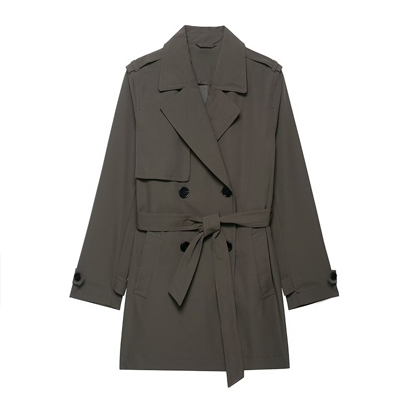 Dames donkergrijs halflange trenchcoat revers nek dubbele rij knopen gordel jas met volledige mouw herfst elegante tijdloze bovenkleding: XS