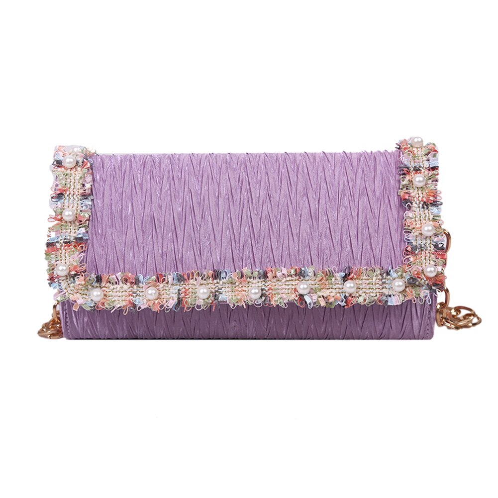 Prachtige boodschappentas, draagbare dames nylon schoudertas met geplooide pareldecoratie, handtassen voor dames, party clutch: Paars 