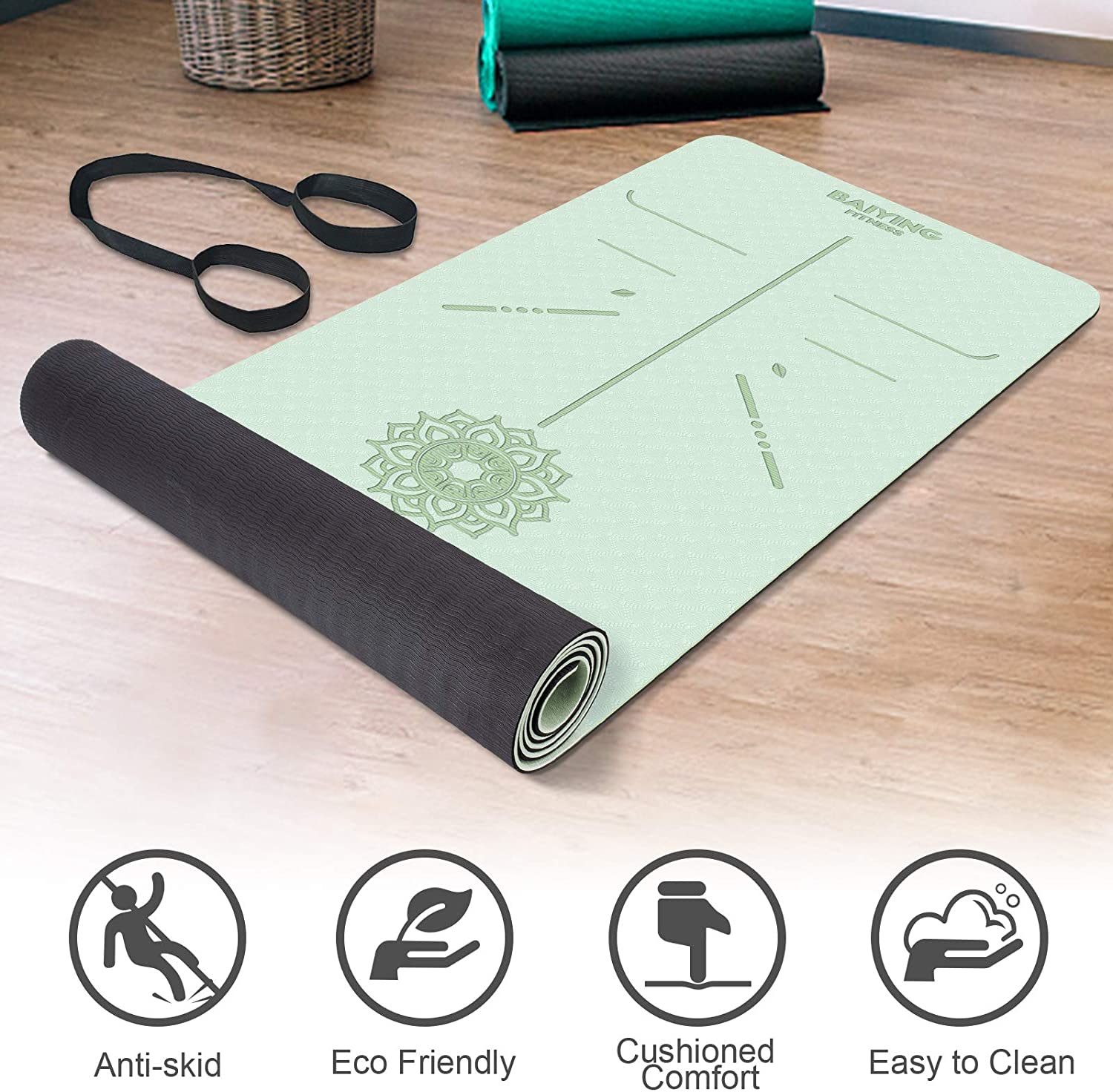 BAIYING Esterilla Yoga, TPE Antideslizante Colchoneta de Yoga para Entrenamiento en casa y Gimnasio Ejercicio, Esterilla Fitness para Yoga, Pilates, Deporte, 183mm x 61mm x 6mm
