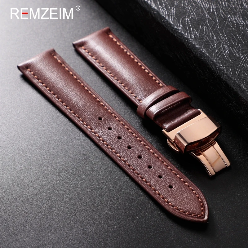Lederen horlogeband 18 mm 20 mm 22 mm heren- en damesvervangende casual riem met automatische vlindersluiting horlogeband: Roze / 22mm
