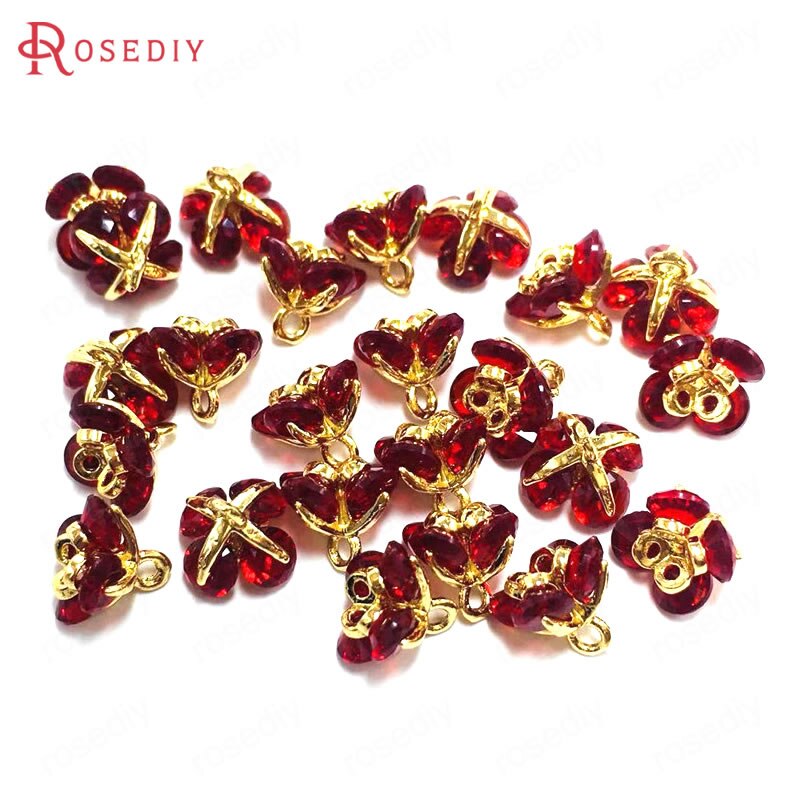 (37101)6PCS 7x7MM 24K Champagne Gold Color Brass and Zircon 3D Flower Charms Pendants Jewelry Making Supplies Diy Accessories: Dark Red