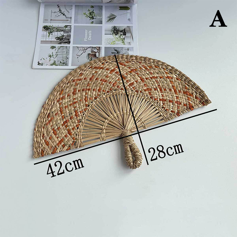 Hand-woven Straw Fan Decorative Handmade Semicircular Woven Fan Summer Cooling Fan Handheld Fan Home Decor: Dark Green