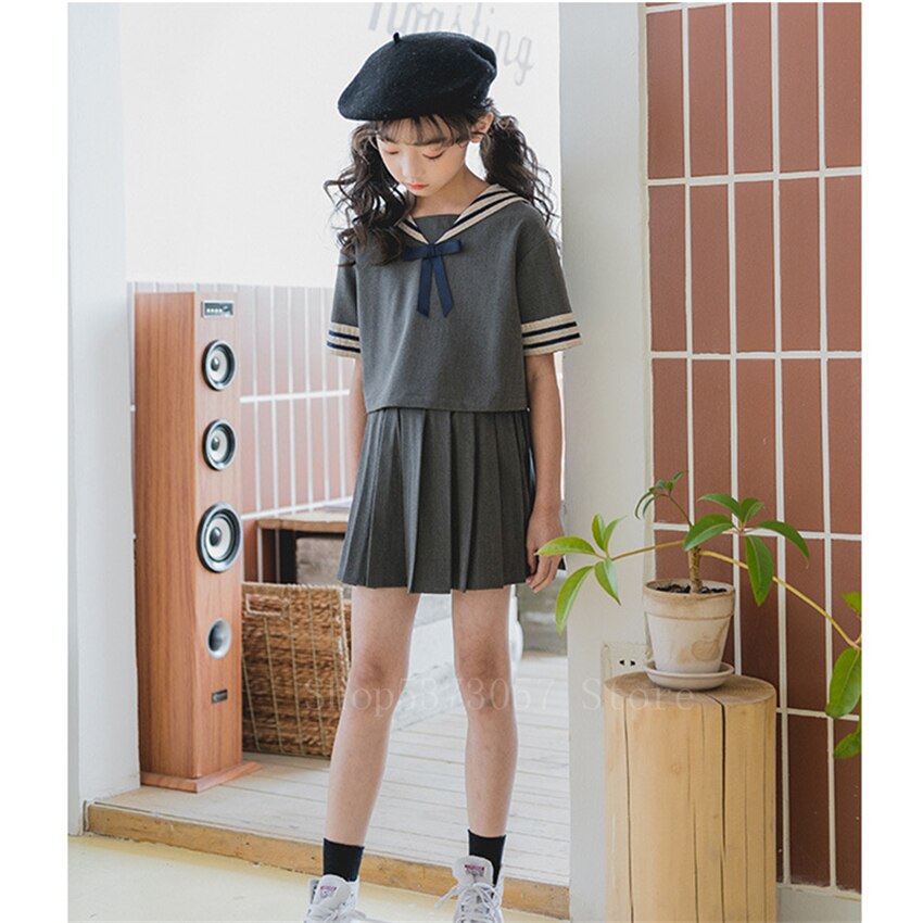 Børne skoleuniform sømandssæt baby kawaii piger grå stribet krave japansk kortærmet skjorte plisseret nederdel chorus jk sæt 160cm