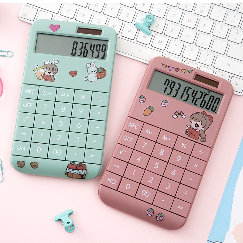 Cute Cartoon Calculator Student Portable Calculator Small Solar Financial Cashier Girl 12-bit Computer Dual Power System