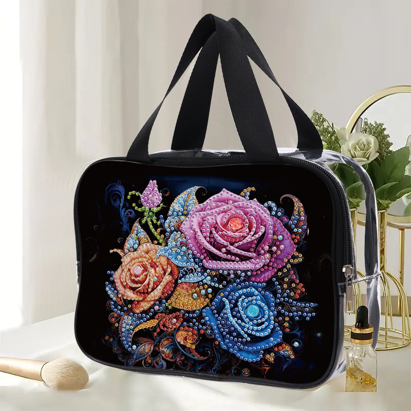 Bolsa de cosméticos con pintura de diamantes de flores DIY para adultos, bolsos de plástico transparente de PVC, bolsas de maquillaje transparentes para viaje, 1 ud.: Verde claro