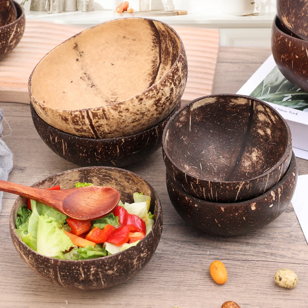 Cuenco de coco Natural para cena, vajilla de madera hecha a mano, cuchara de madera para postre, ensalada de frutas, mezcla de arroz, Ramen, 550/400/300Ml