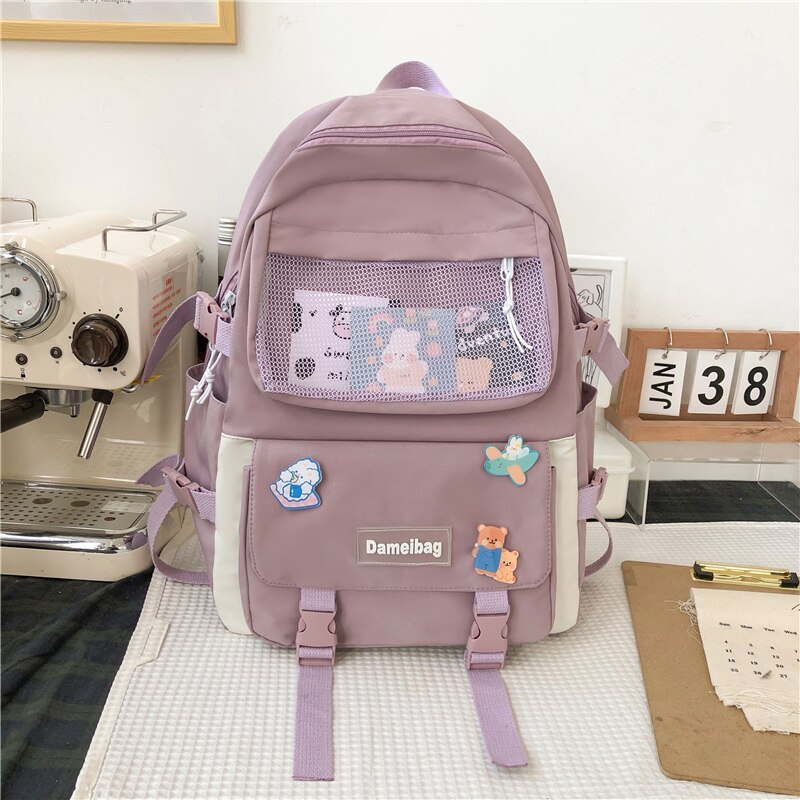 Nowe wiele kieszeni wodoodporny plecak nylonowy kobiet o dużej pojemności Kawaii tornister dla nastoletnich dziewczęca torba podróżna Mochila Bookbag: FIOLETOWY / NO bear Pendant