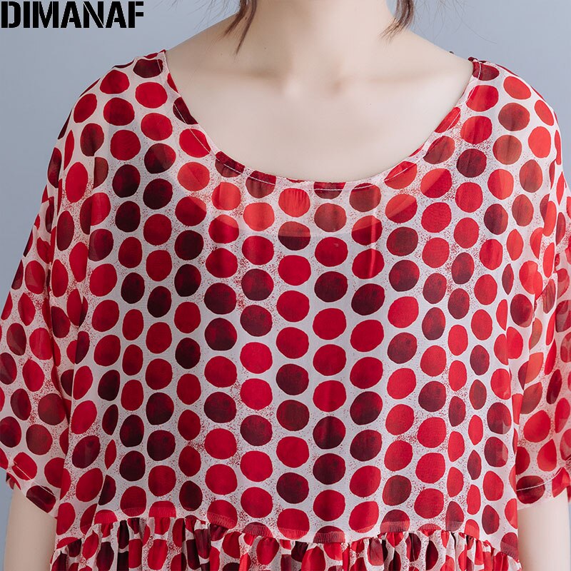 DIMANAF Plus Size Mulheres Polka Dot Vestido de Chiffon Estilo Praia Verão Férias Vestido de Verão Tamanho Grande Vestidos Soltos Vestidos de Impressão Feminino