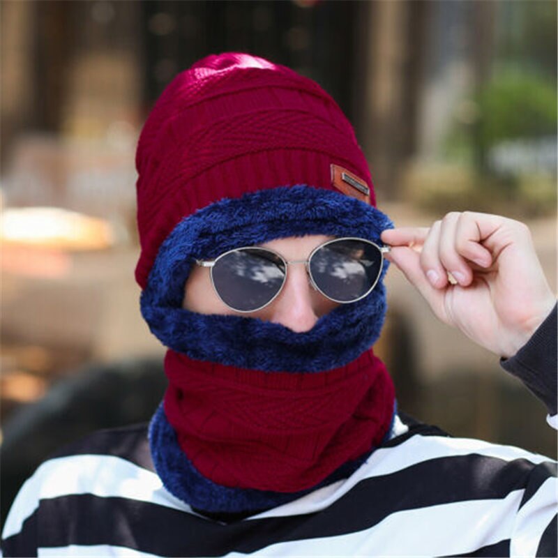 2 stk menn kvinner vinter varm heklet strikk posete lue ull hodeskalle hatt ski lokk skjerf sett: Vinrød