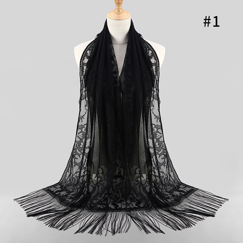 Sciarpa Lunga del merletto Dello Scialle per Le Donne Testa Avvolge Turbante Hijab di Modo Femminile Scialli Sciarpe Musulmano Hijab Bandana Accessori: Black