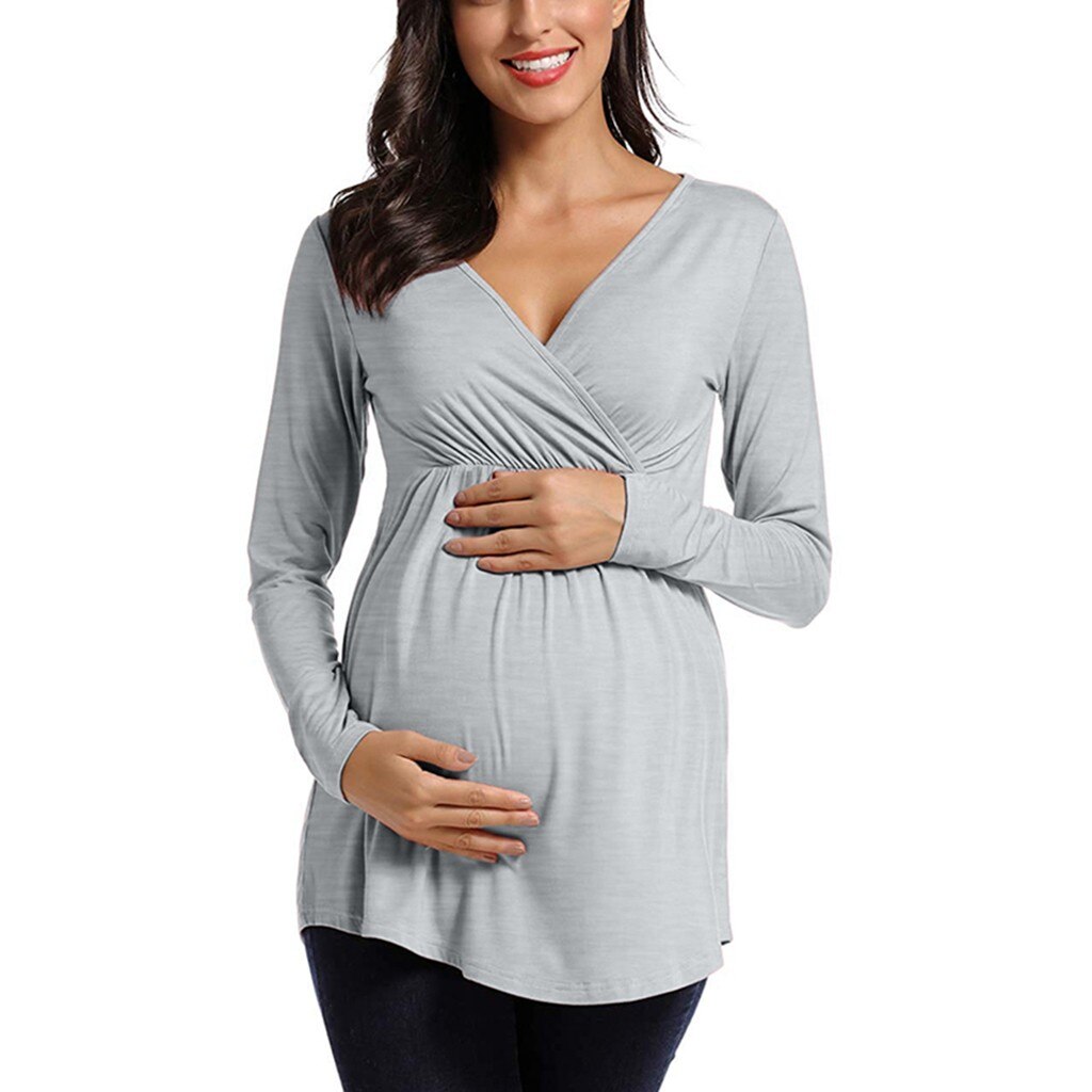 Women's Maternity Long Sleeve Button Multifunctional V-Neck Solid Top Breastfeeding Top одежда для кормления: Gray / M