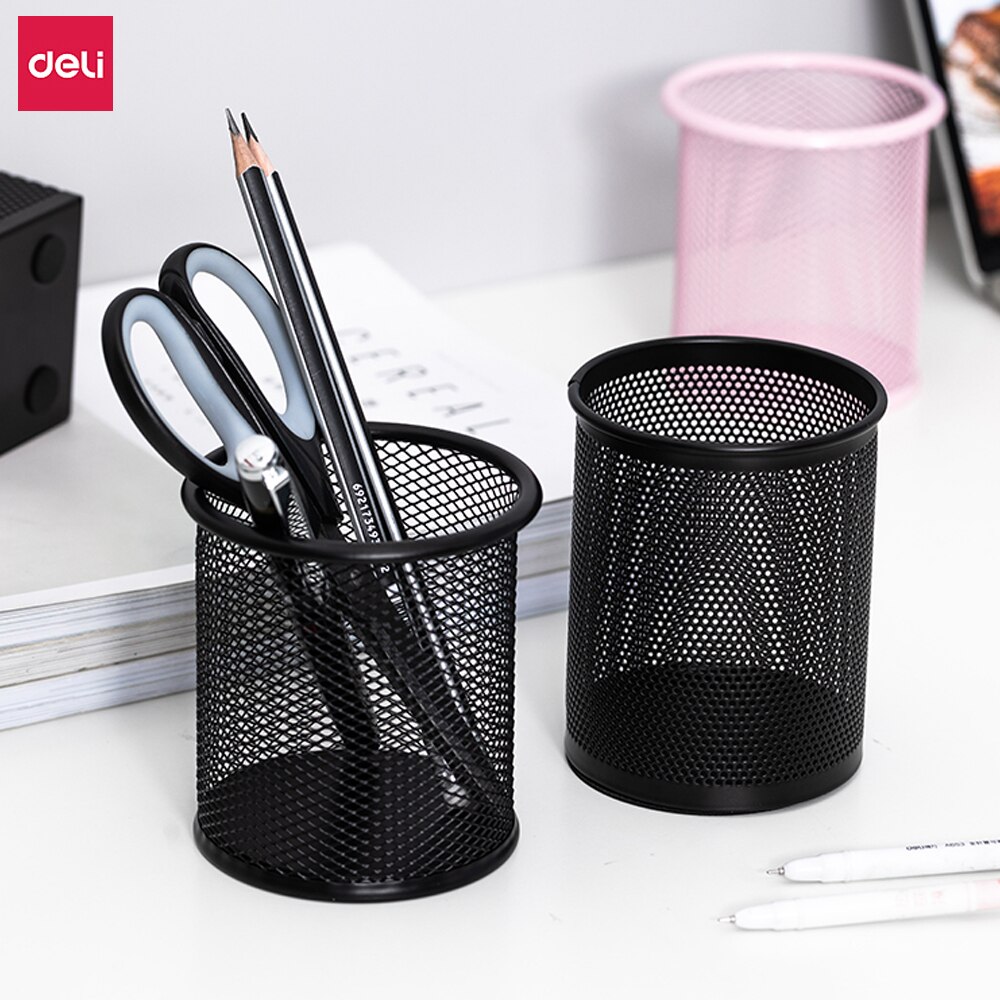Deli Metal Pen Pencil Holder Box Home Office Cup Accessories Desk Organizer Sturdy Supplies Stationery Storage Containers