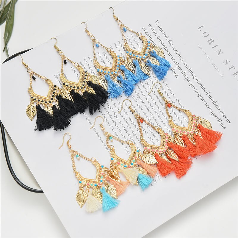 Women Earrings Trend Bohemian Gold Color Alloy Leaf Tassel Dangle Earrings Korean Jewelry