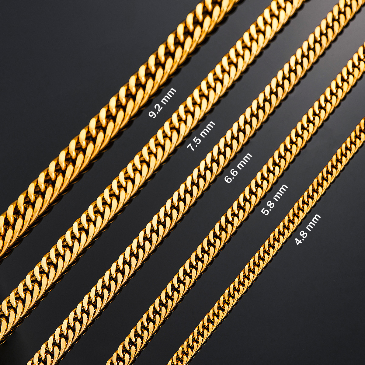 4.8mm/5.8mm/6.6mm/7.5mm/9.2mm goudkleurige roestvrijstalen cubaanse schakelkettingen, klassieke heren-/jongensketting, robuuste uitvoering , 30 14 to