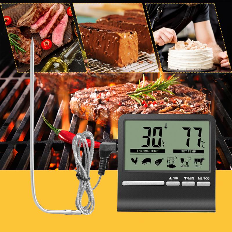Digital Kitchen Barbecue Food Thermometer Probe Meter Outdoor Grill Oven Meat Cooking Baking Alarm Timer Measuring Tools: Black