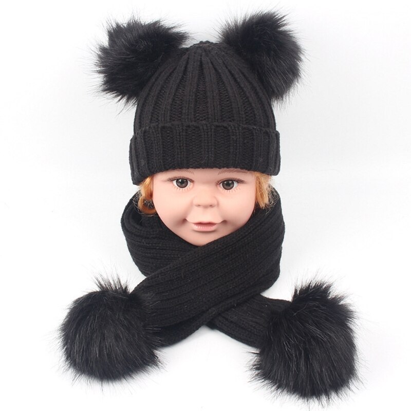 Småbarn barn vinter varm ribbad stickad mössa med lång halsduk set enfärgad söt dubbel pom pom öron manschett skalle mössa