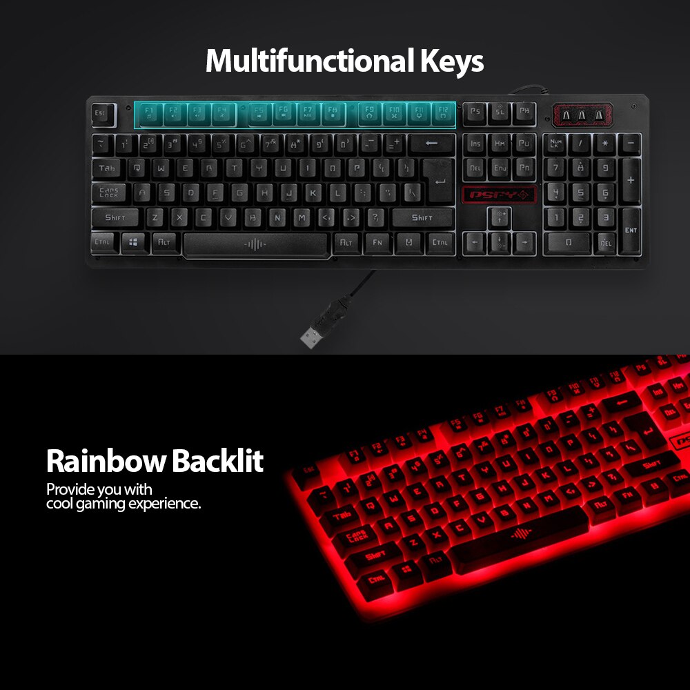 USB Wired Gaming Keyboard and Mouse Combo Waterproof 3 Color Backlit 2000DPI DPI Adjustable for Home Office