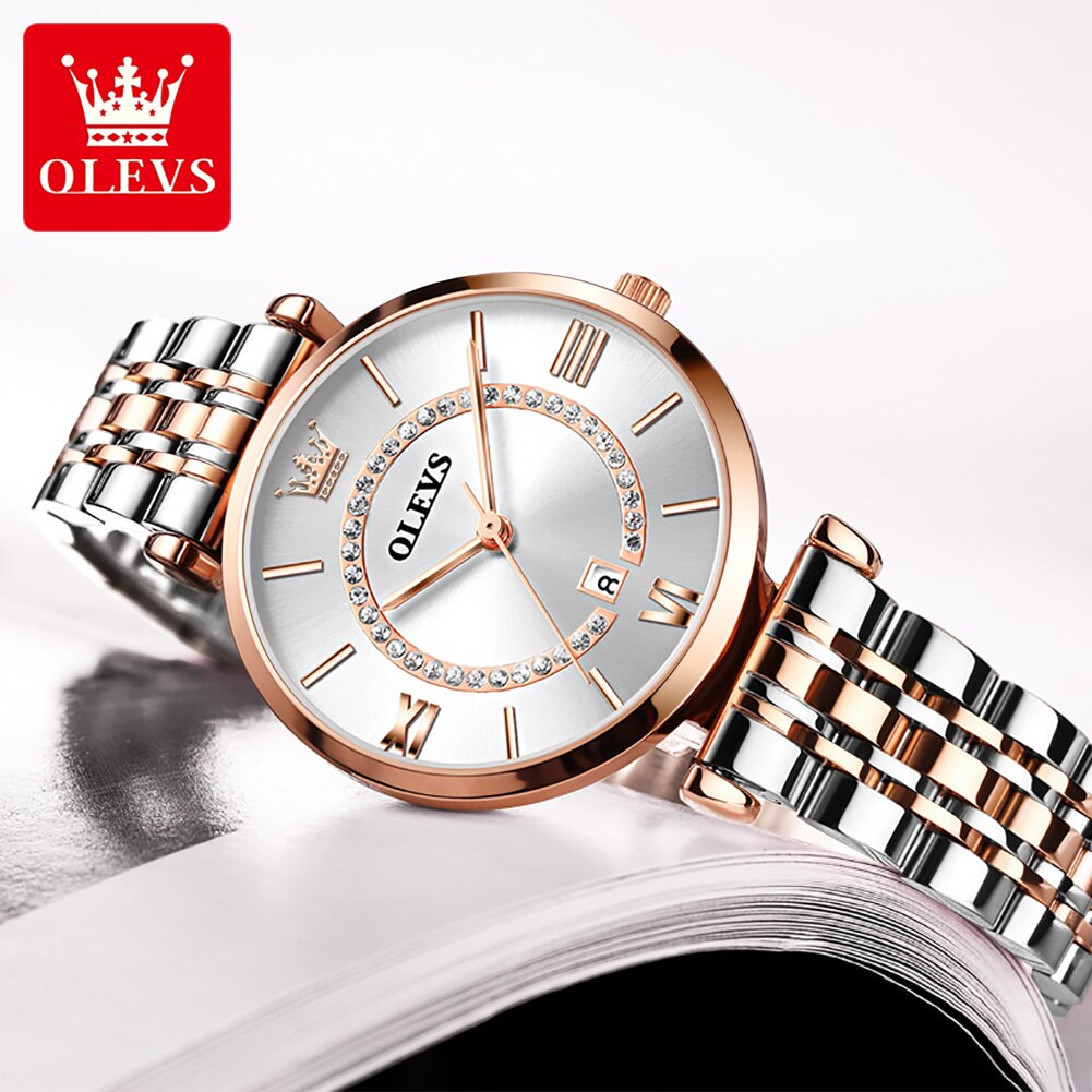 Olevs Gypsophila Quartz Vrouwen Horloges Roestvrij Stalen Band Waterdicht Horloges Voor Vrouwen Kalender