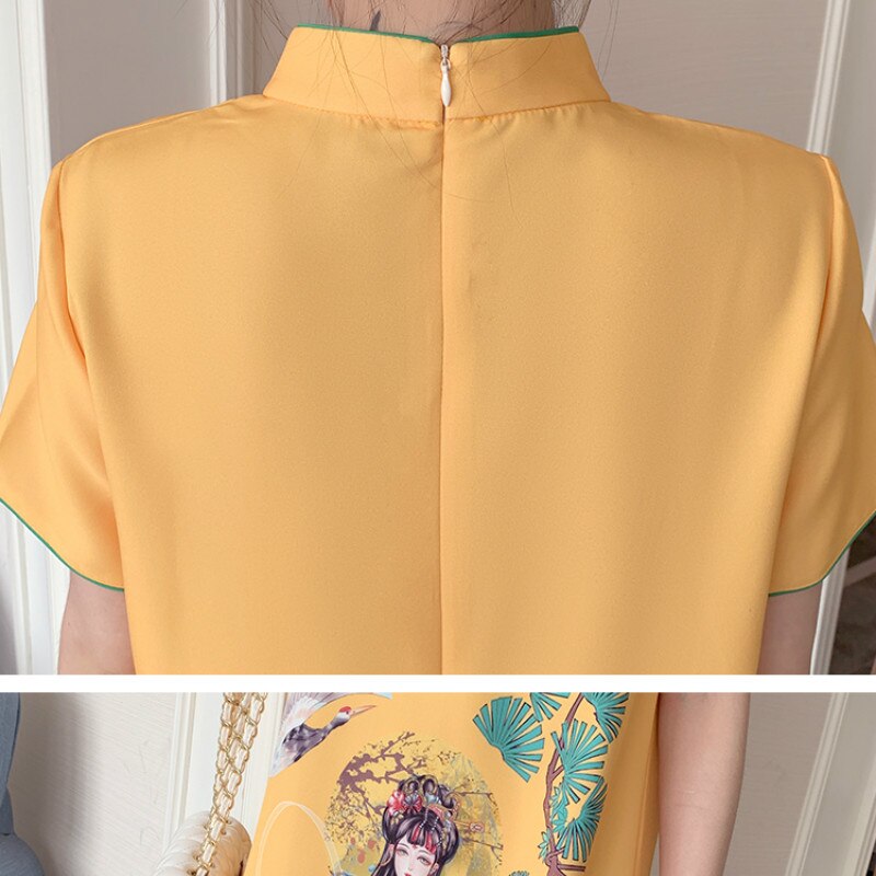 Qipao-vestido chino de talla grande para mujer, M-4XL amarillo suelto de , Cheongsam moderno de manga corta, ropa tradicional de Año