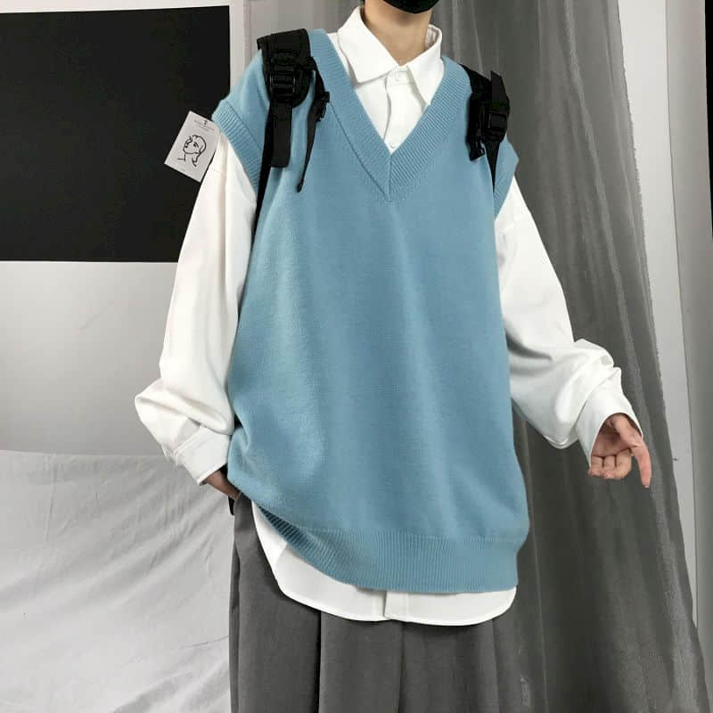 Men Sweater Vest Autumn Solid Color Knitted Male Korean Style Trend Loose V-neck Sleeveless Waistcoat Vest Sweater College Style: Lack blue / XXL
