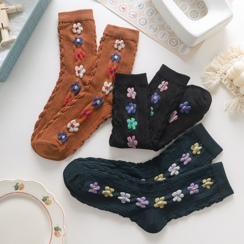 Women Autumn Winter Socks Ladies Knitting Flowers Happy Female Socks Casual Sox