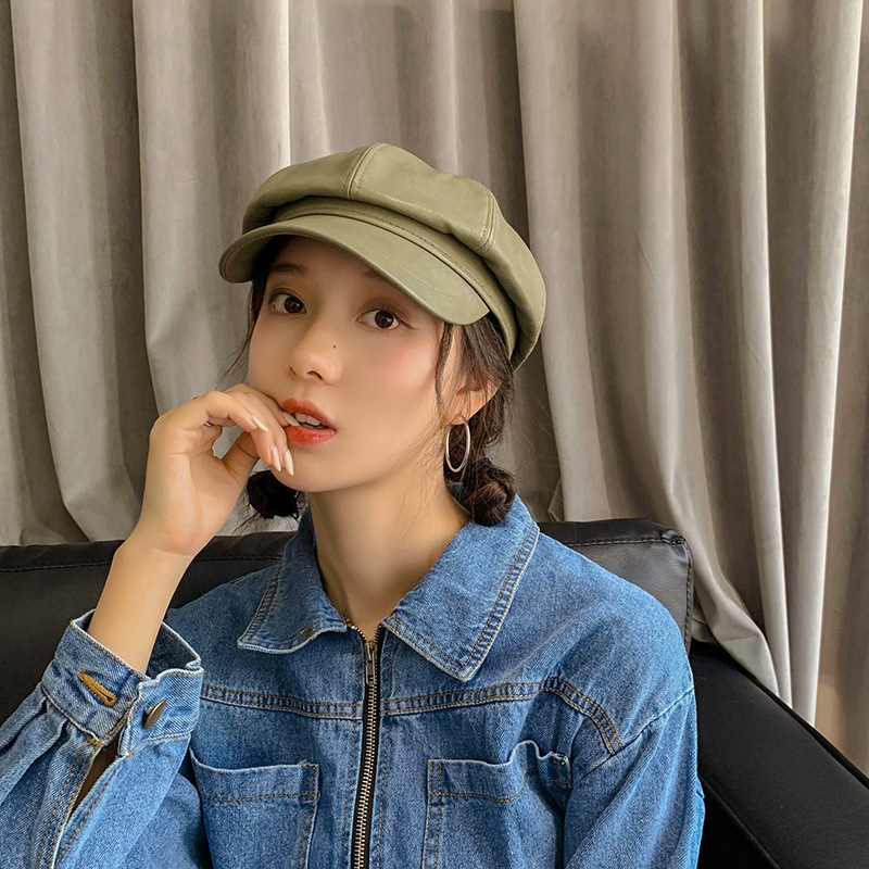 Groene Winter Achthoekige Cap Meisjes Baret Hoeden Voor Vrouwen Hoeden Krantenverkoper Cap Vrouwelijke Britse stijl PU Lederen Baretten Hoed voor straat