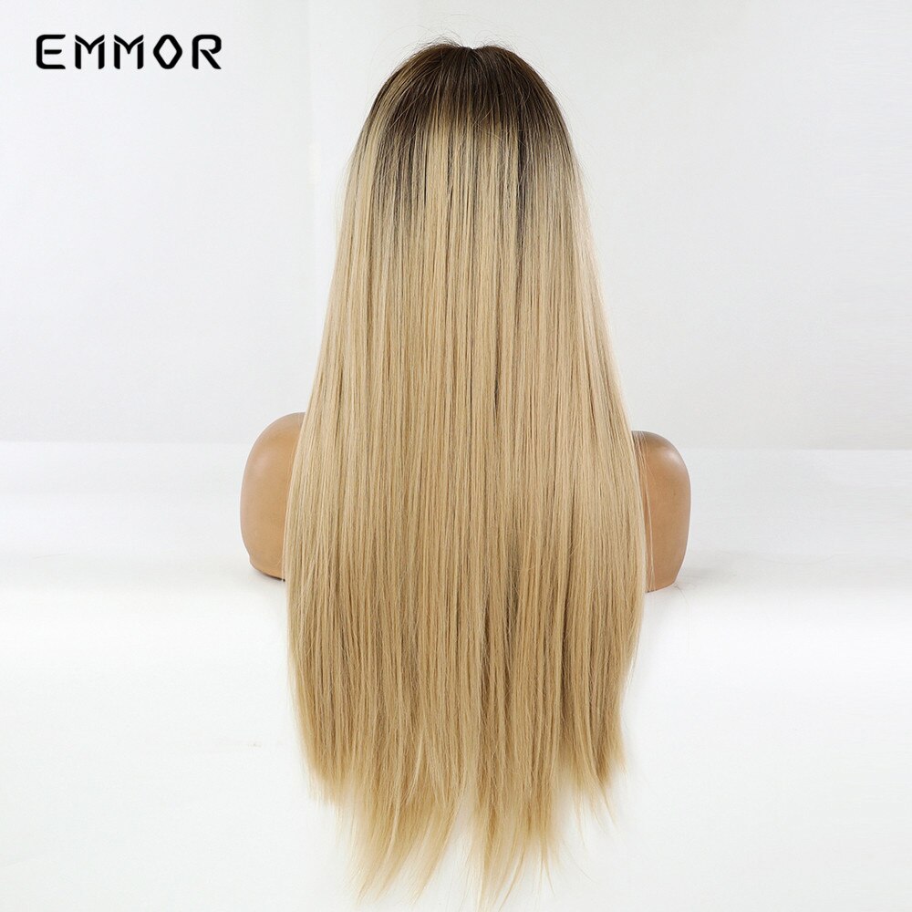 Emmor Synthetic Black Root Ombre Light Golden Blonde Straight Hair Wigs with Bangs High Temperature Cosplay Daily Wig for Women
