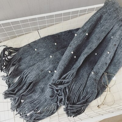 Bufanda tejida cálida de invierno para mujer de de Luna y Delfín, bufandas suaves con cuentas de perlas y perlas, bufanda de lana con borlas, manta Pashmina grande: grey