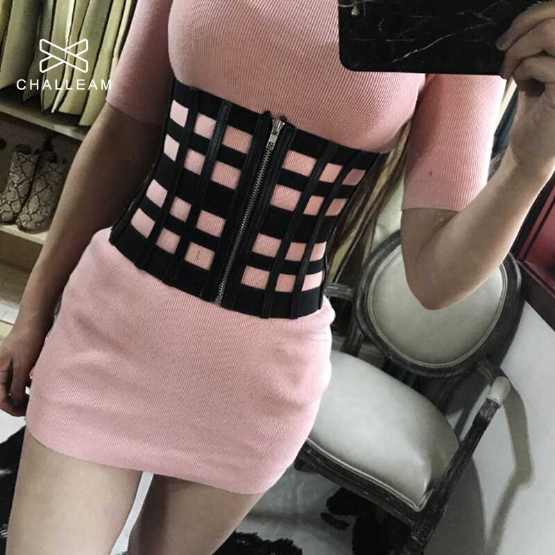 Kvinde ultra bredt bælte til kjole damer slankt hult sort elastikbånd lynlås body shaper rem pu læder korset bælte kvinder 128